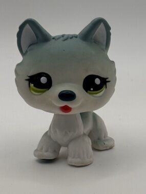 Littlest Pet Shop LPS #1563 Husky Puppy Dog White Blue Green Dot Eyes 2006